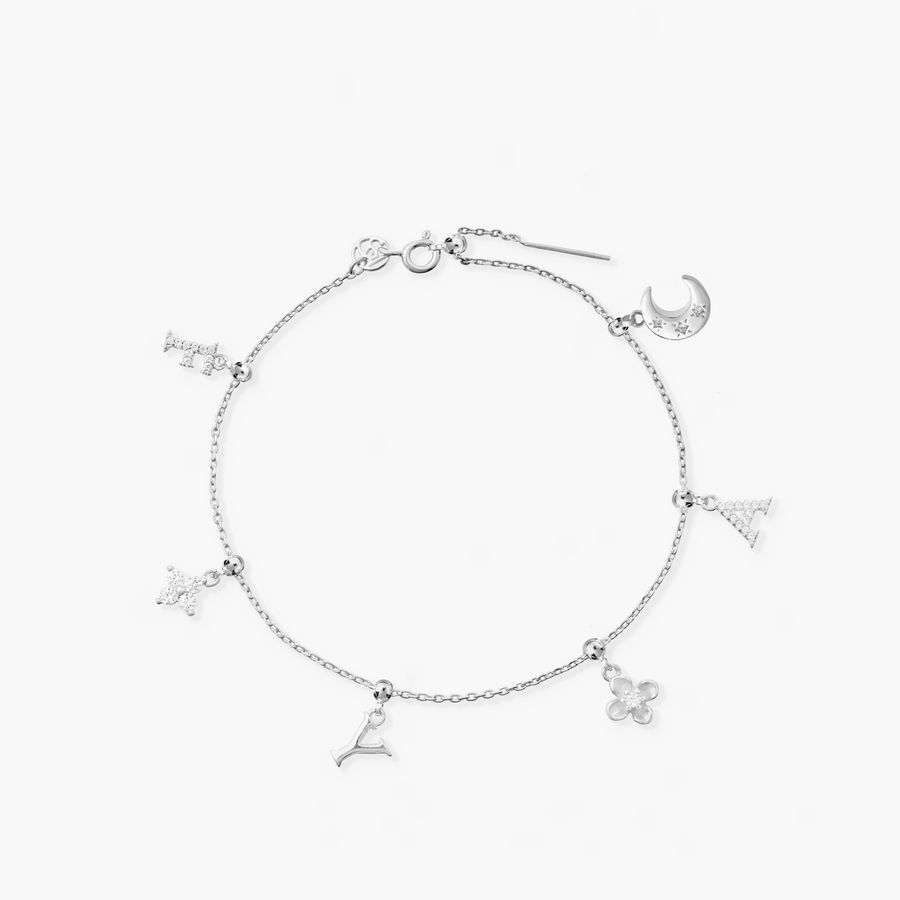 Rhodium Plated Charm Chain Adjustable Bracelet  in Silver