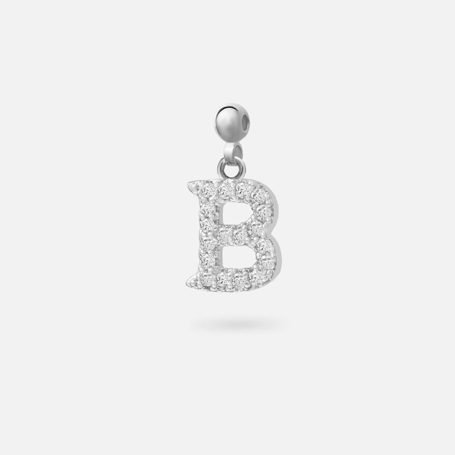 Rhodium Plated Paved Letter B Charm with Cubic Zirconia in Silver