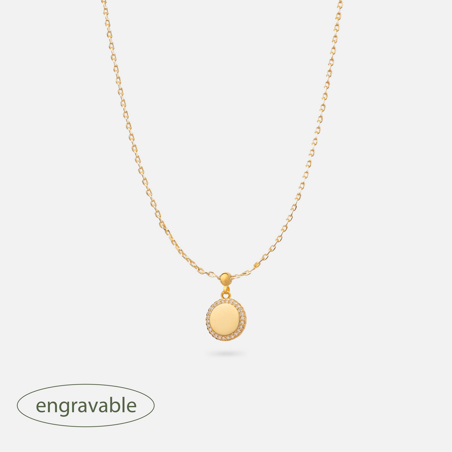 Gold Plated Engravable Round Paved Charm Necklace