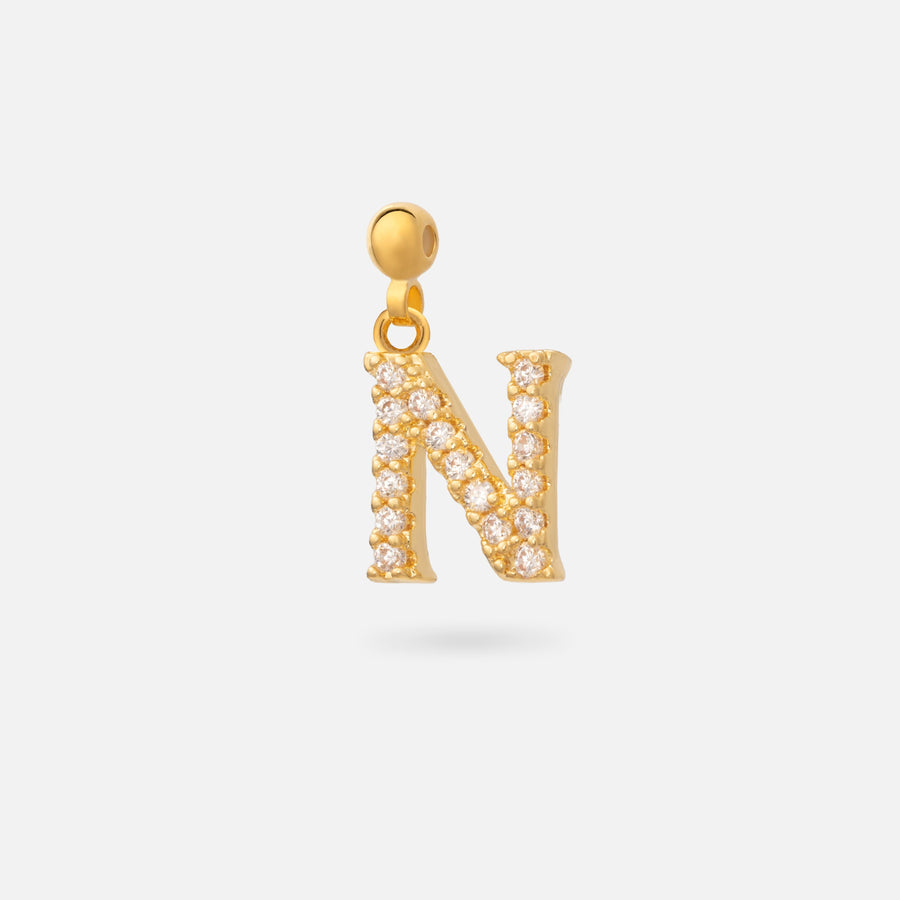 Gold Plated Paved Letter N Charm with Cubic Zirconia