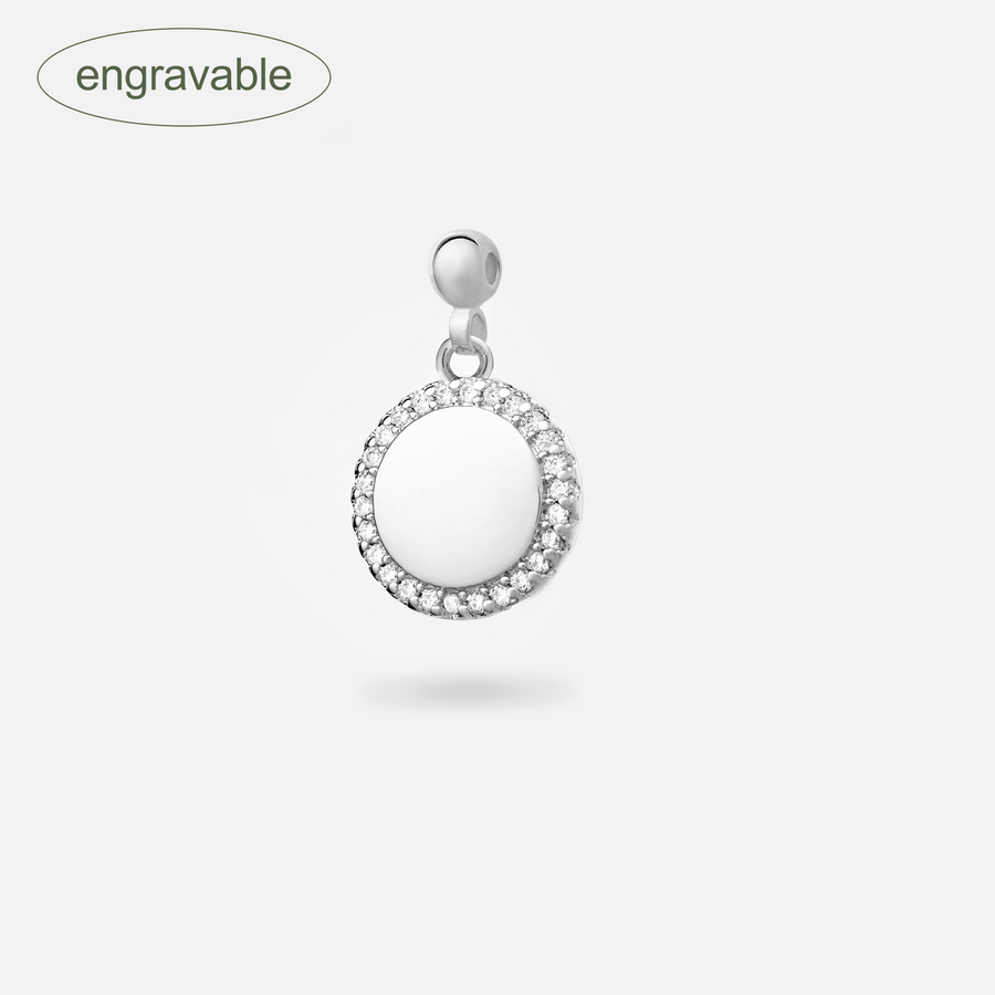 Rhodium Plated Engravable Round Paved Charm in Silver