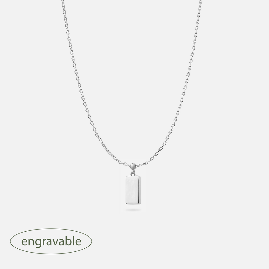 Rhodium Plated Rectangular Engravable Bar Charm Necklace